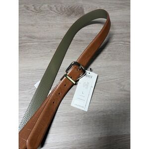 NEW Chico's dark sage green / tan reversible leather belt gold buckle Size L